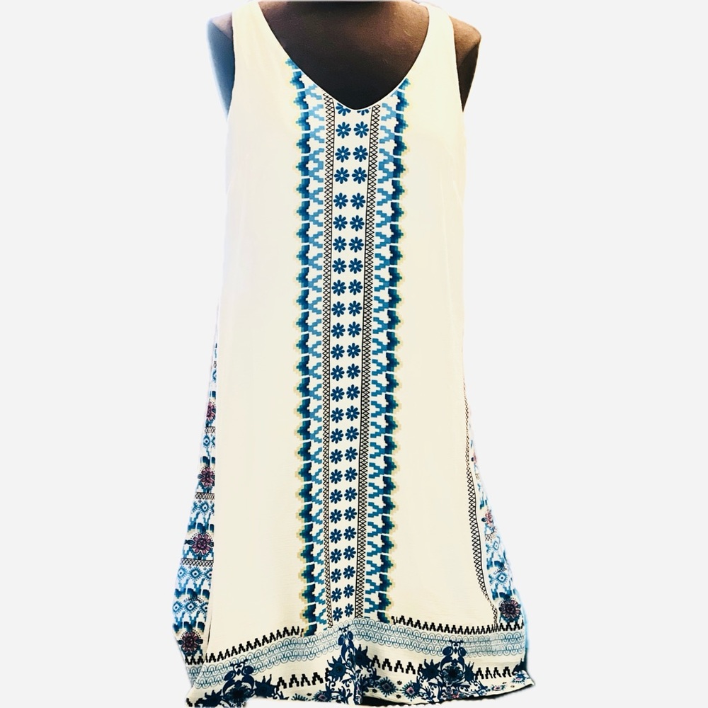 Luxology Blue and White Crochet-back boho coastal shift dress